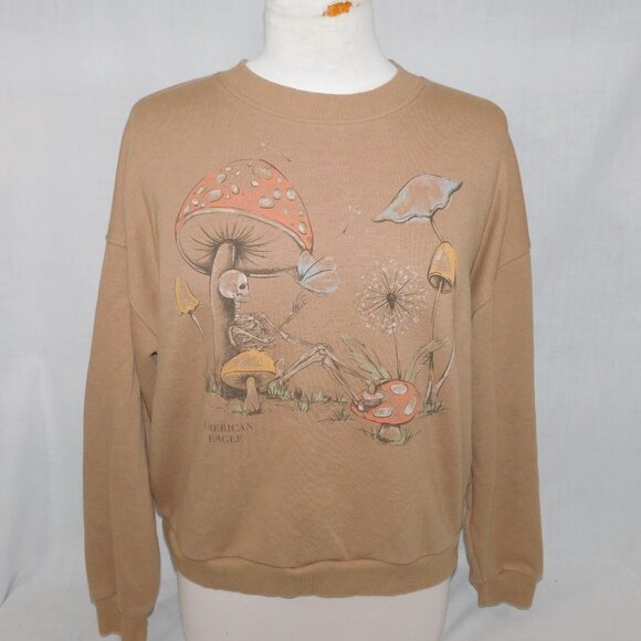 AE American Eagle Women's M Funday Mushroom Skeleton Brown crewneck Sweatshirt - Picture 1 of 10